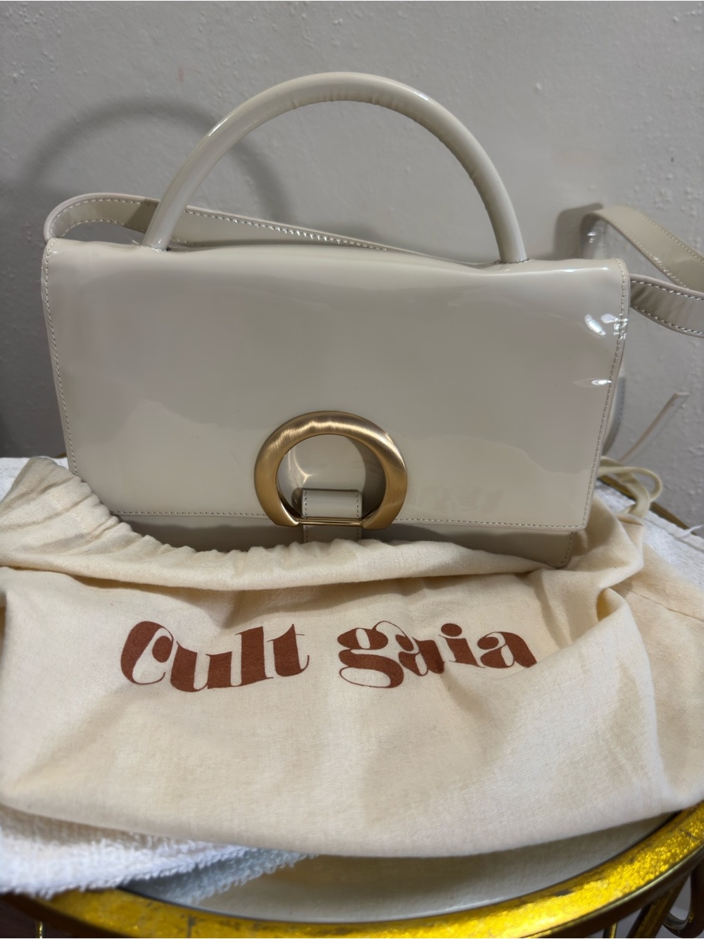 cult gaia Ivory Patent Leather Top-Handle Shoulder Bag with Gold Ring